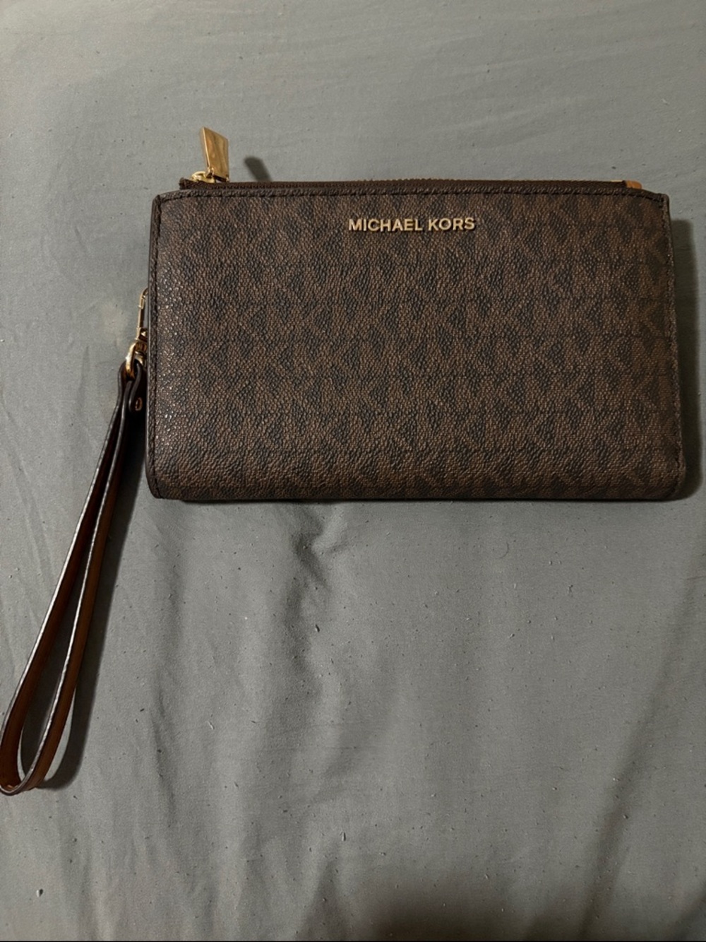 Michael Kors Brown Monogram Wristlet Clutch with Gold Hardware